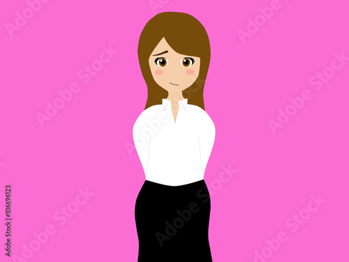This flat vector illustration depicts that a shy brunette woman is smiling to the camera as her arms holding behind her back