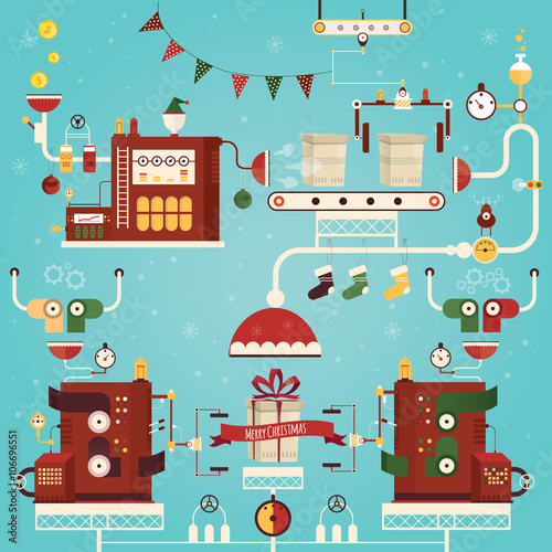 Modern vector illustration of christmas gifts factory.