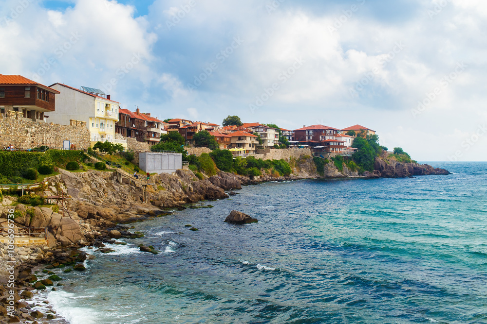 Coastline in the old town of Sozopol at Black Sea, Bulgaria. Old Town with fortress wall. Architectural and Historic Complex.