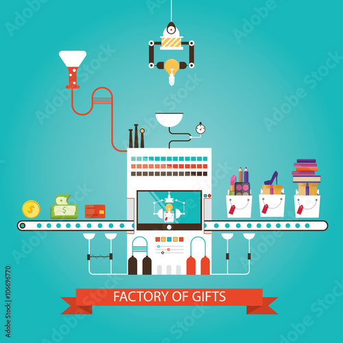 Modern vector illustration of manufacturing gifts, gifts factory