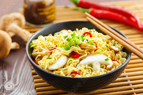 Asian meal made of instant noodles and shiitake mushrooms, traditional oriental food