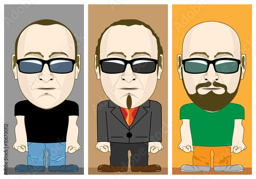 Cartoon Male Characters set. Man with Buzzed Hair and Clean Shaven. Man in Suit with Short Wavy Hair and Long Soul Patch. Bald Man in Casual Outfit with Full Beard. Beard Styles. Vector illustration.