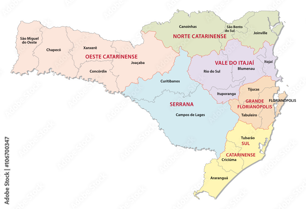 santa catarina detailed colorful administrative regions map, Brazil