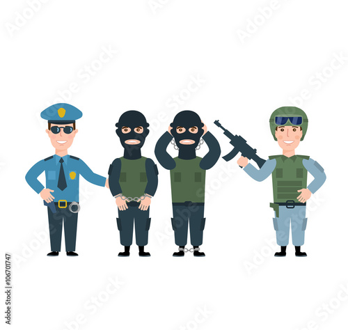 police man officer cop two gangsters terrorists soldier in uniform with weapon isolated on white background