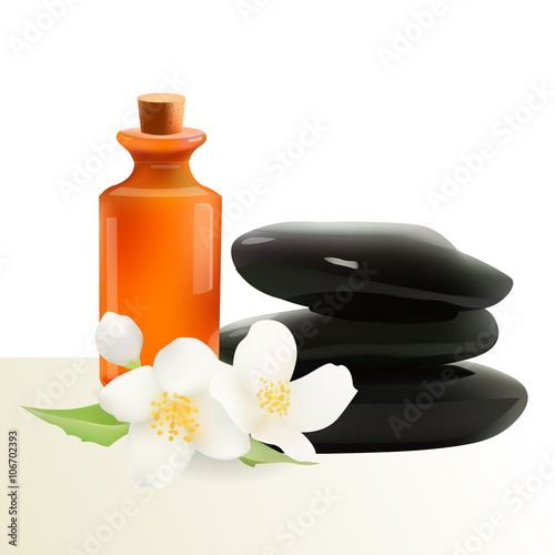 Glass Cosmetic Bottle and Spa Stones with Jasmine Flower. Vector