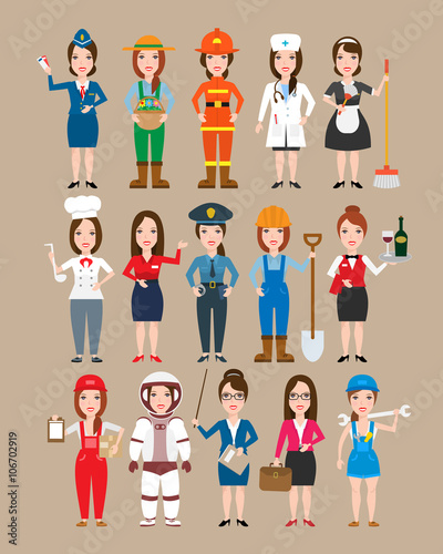 women professions set.police woman doctor nurse chef teacher astronaut firewoman busibesswoman worker farmer gardener mechanic waitress stewardess housemaid delivery manager in uniform