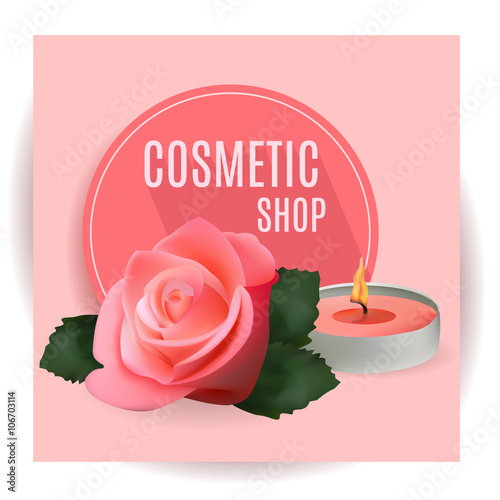 Cosmetic Shop with Candle and Rose . Template for  Cosmetic Shop, Spa Salon, Beauty Products Package, Medical Care Treatment. Invitation Cards, Vouchers, Advertisement, Business.