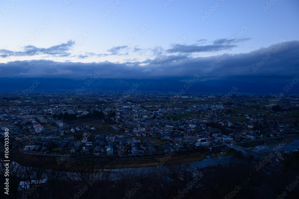 Landscape of Matsumoto and Azumino at dusk in Nagano, Japan Landscape of Matsumoto and Azumino at dusk in Nagano, Japan