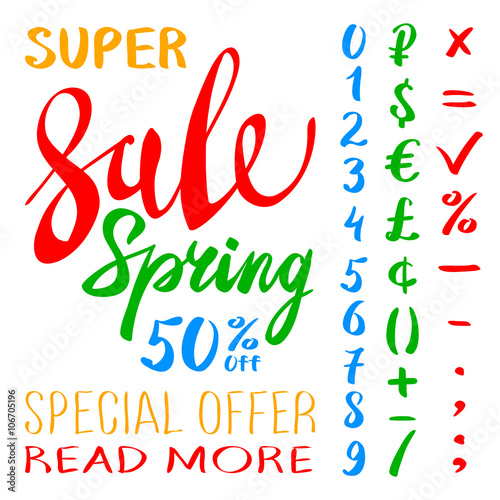 super Spring Sale Lettering Typography Design. Vector Spring Sale lettering logo. Hand drawn spring sale lettering banner. Vector isolated Spring typography design element. Big Spring Clearance