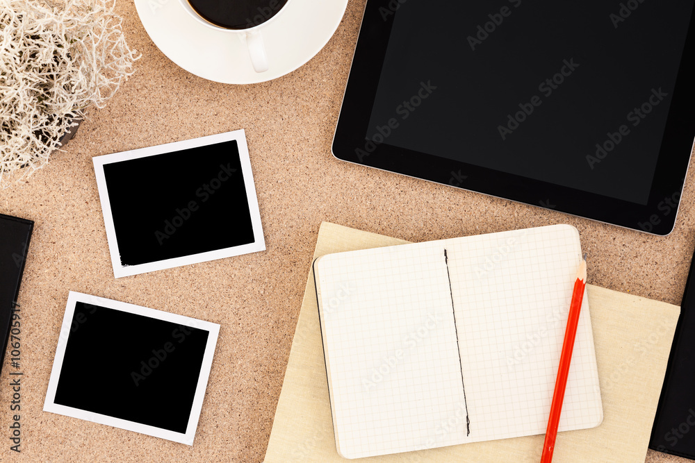 Office desk. Designer workspace. Blank polaroid frames. Scrapbook on the  table. Stock Photo | Adobe Stock