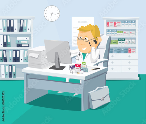 Cartoon doctor on the phone in private practice. Consultation and advice to patients. The best medical health care. Modern interior at the doctor. Simple vector illustration in perspective.
