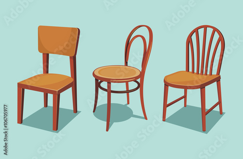 Collection of wooden chairs. Cartoon isolated vector illustration.