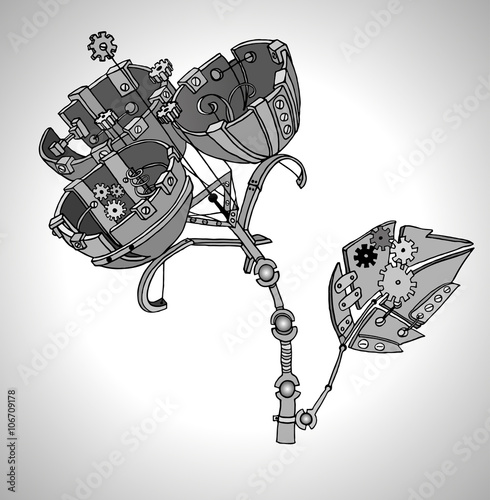 Unusual flower made of steel and metallic gears . Creative streampunk mechanical plant. Vector illustration.