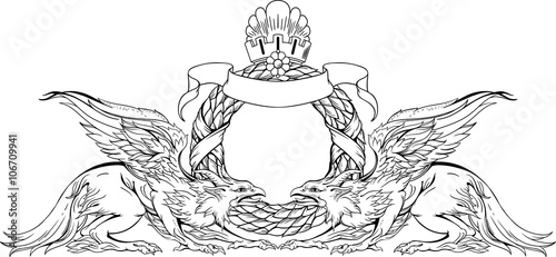 two griffins and heraldic sign. black and white