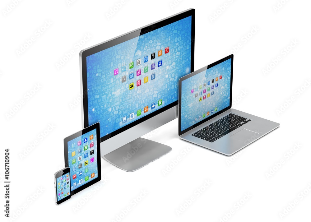 Ultimate web design, laptop, smartphone, tablet, computer, display. 3D rendering.