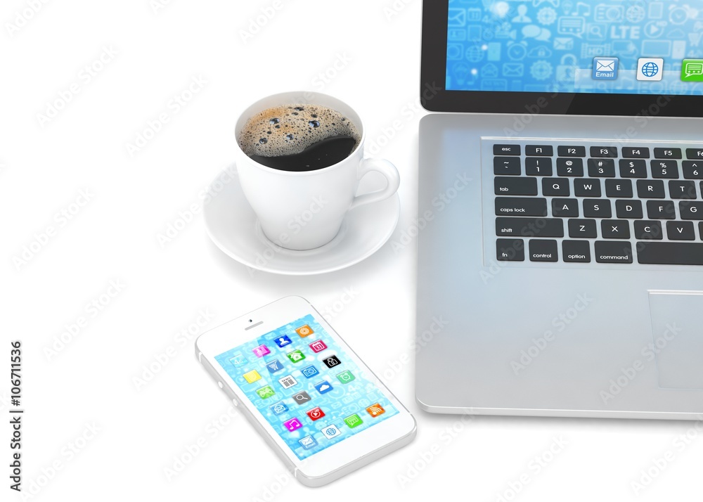 Laptop smartphone and coffee cup. 3D rendering. Laptop smartphone and coffee cup. 3D rendering.