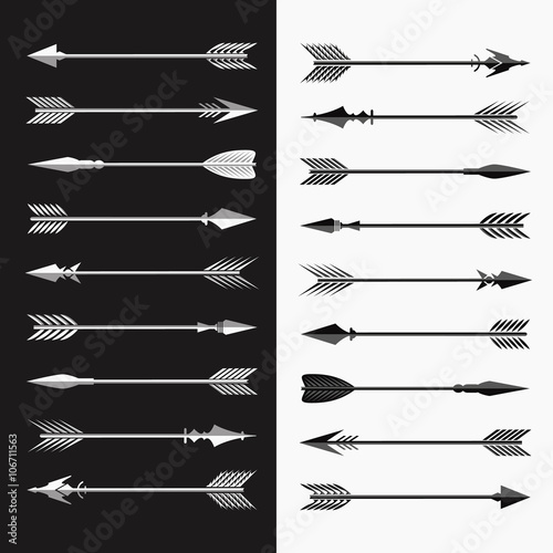 Set of vector arrows.
Design elements in the form of decorative vector arrows on white and black background.
