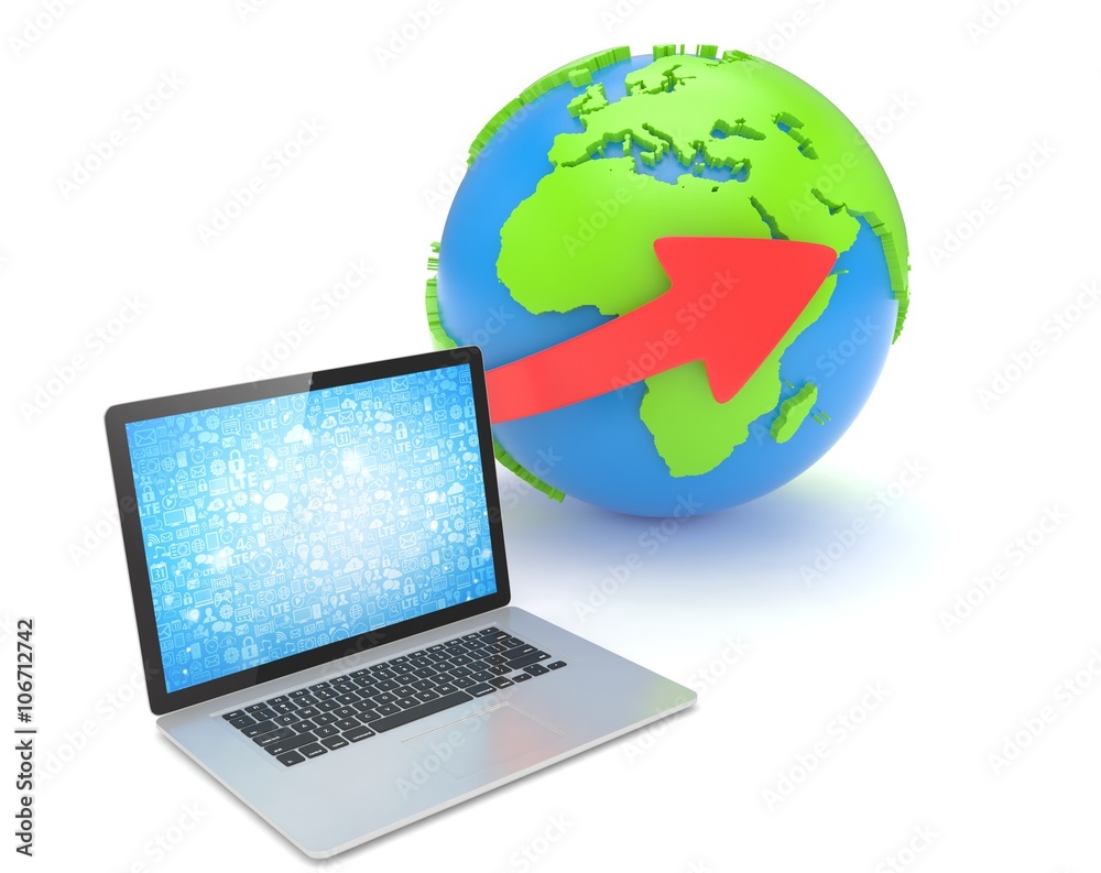 Laptop network and earth globe. 3d render Laptop network and earth globe. 3d render