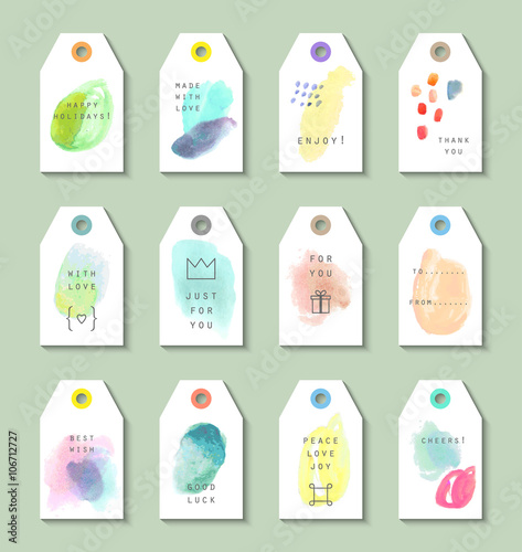 Collection of 12 Hang Tags. Creative set made with watercolor.