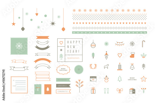 Vector flat icons and decor elements. Merry Christmas
