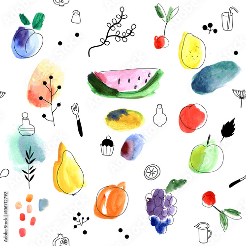 Seamless pattern with fruits, berries on a white background
