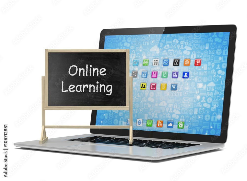 Laptop with chalkboard, online education concept. 3D rendering. Laptop with chalkboard, online education concept. 3D rendering.