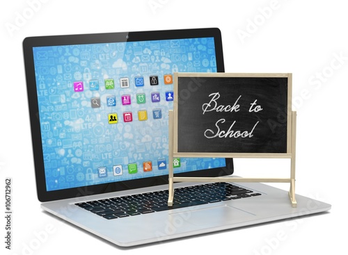 Laptop with chalkboard, back to school, online education concept. 3D rendering.