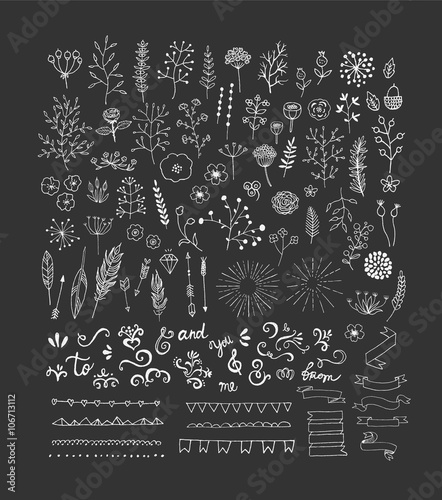 Hand Drawn vintage floral and decor elements. Vector. Isolated.