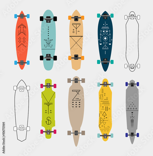 Collection of various shaped skateboards and longboards. Vector.