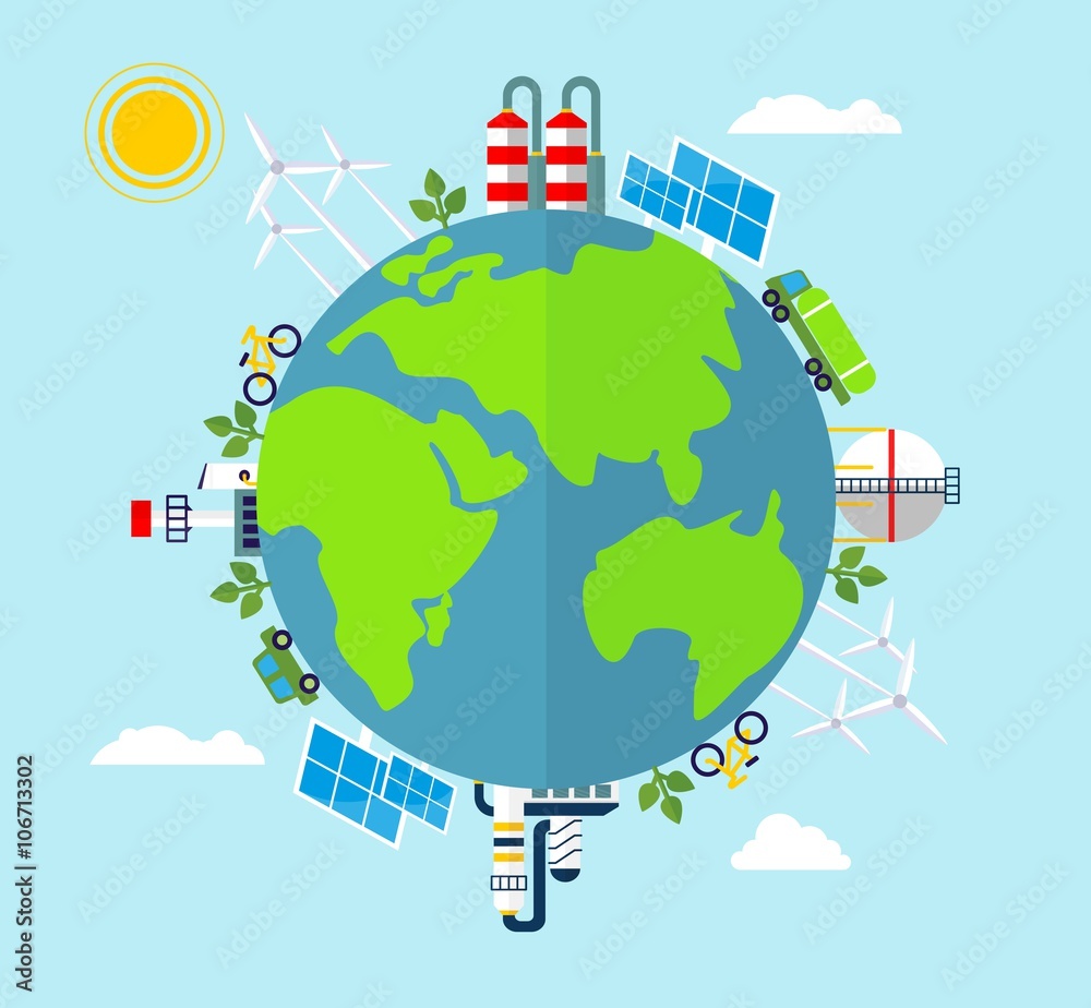 Solar energy, wind energy. Dirty city, factories, air pollution, landfill. Earth Day. Ecology design concept with air, water and soil pollution. Flat icons isolated vector illustration.