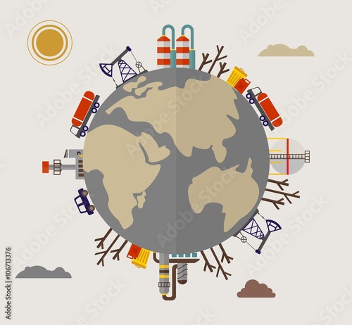 Building industrial plants polluting the environment. Toxic waste from oil extraction. Earth Day. Ecology design concept with air, water and soil pollution. Flat icons isolated vector illustration.