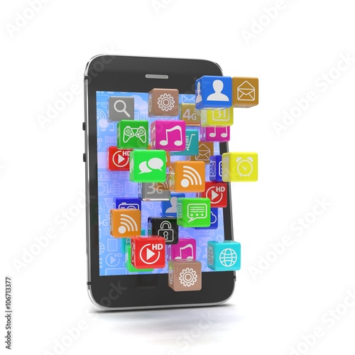  application software icons extruding from smartphone, isolated on white. 3D rendering.