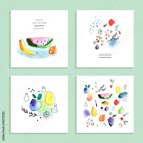 Watercolor art. Fruits, berries. Set of four creative cards. 