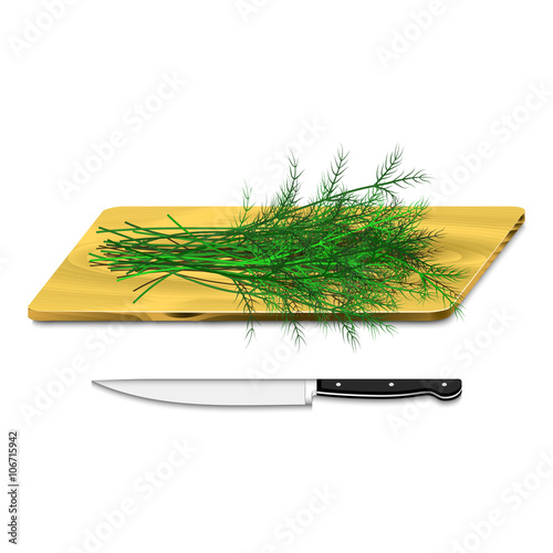 Dill on cutting board with knife. fresh greens prepared for cutting 