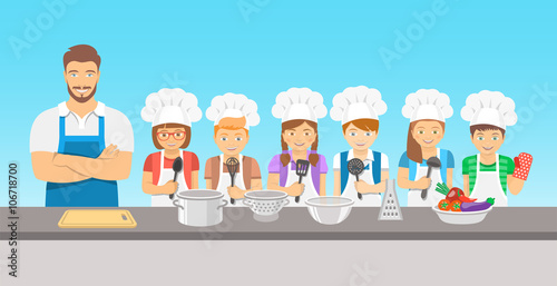 Kids cooking class flat illustration. Group of happy fun children, boys and girls in chef hats and aprons with kitchen equipment, cook food with an adult.  Culinary education party with man teacher