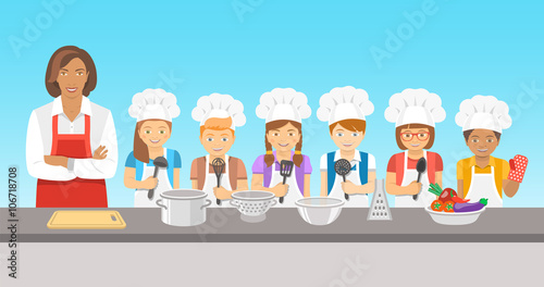 Kids cooking class flat illustration. Group of happy fun children, boys and girls in chef hats and aprons with kitchen equipment, cook food with an adult.  Culinary education party with woman teacher