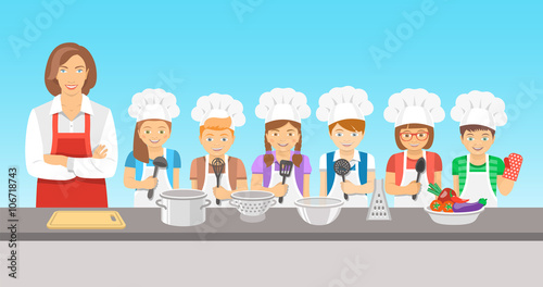 Kids cooking class flat illustration. Group of happy fun children, boys and girls in chef hats and aprons with kitchen equipment, cook food with an adult. Culinary education party with woman teacher