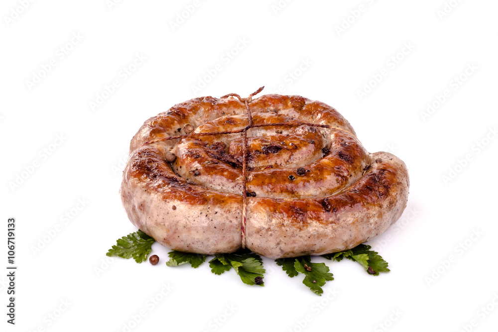fried pork sausages on white background with cherry tomatoes and hot peppers fried pork sausages on white background with cherry tomatoes and hot peppers