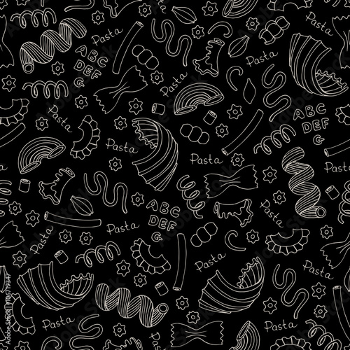 Vector seamless pattern with hand drawn Italian pasta on black color