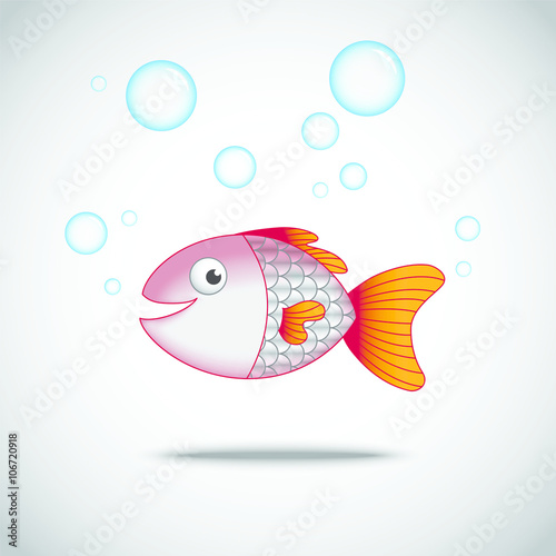 Cute cartoon smiling fish with bubbless around.
