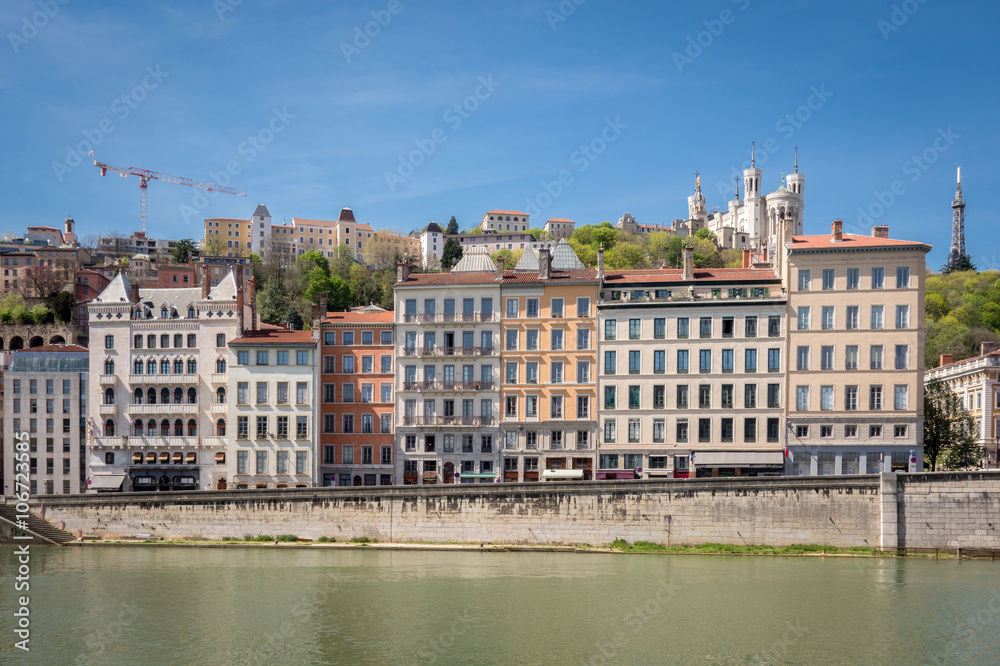 Classical view of Lyon, France. Basilica of Notre Dame de Fourviere in the historical center