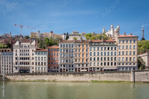 Classical view of Lyon, France. Basilica of Notre Dame de Fourviere in the historical center © dechevm
