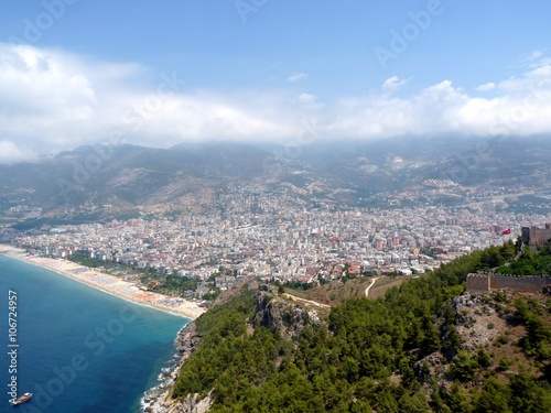 Sea, beach and the city of Alanya, view from the Alanya castle, Turkey