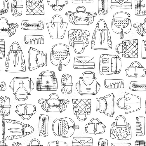 Vector seamless pattern with hand drawn handbags for women on white color