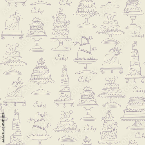 Vector seamless pattern with hand drawn isolated cakes on beige color