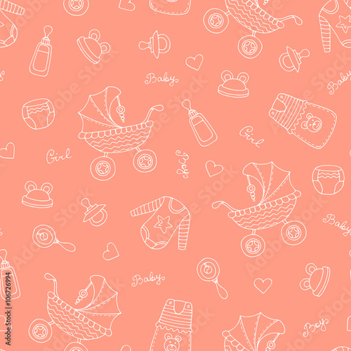 Vector seamless pattern with hand drawn symbols of newborn baby on beige color