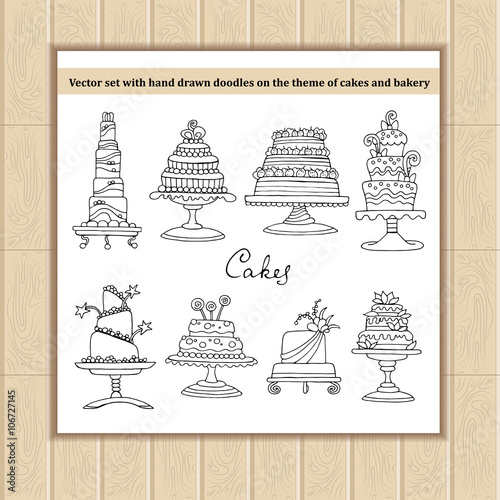 Vector set of hand drawn doodles on the theme of cakes and baker