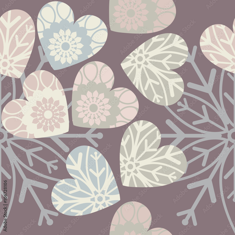 Seamless pattern with stylish hearts and snowflake