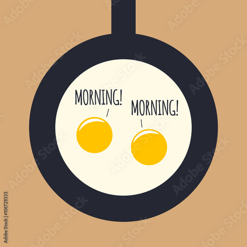 Two fried eggs greet each other. Breakfast concept illustration.