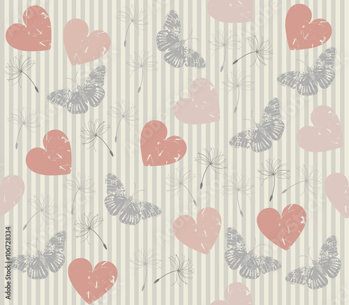 Stylish seamless pattern with hearts, butterfly's , lines and da